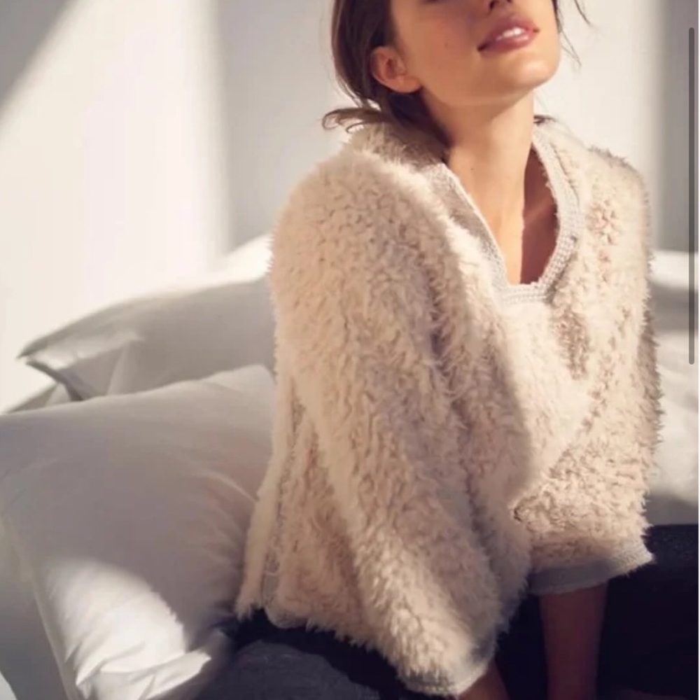 Anthropologie Ameki + Kim White Furry Embroidered Hoodie